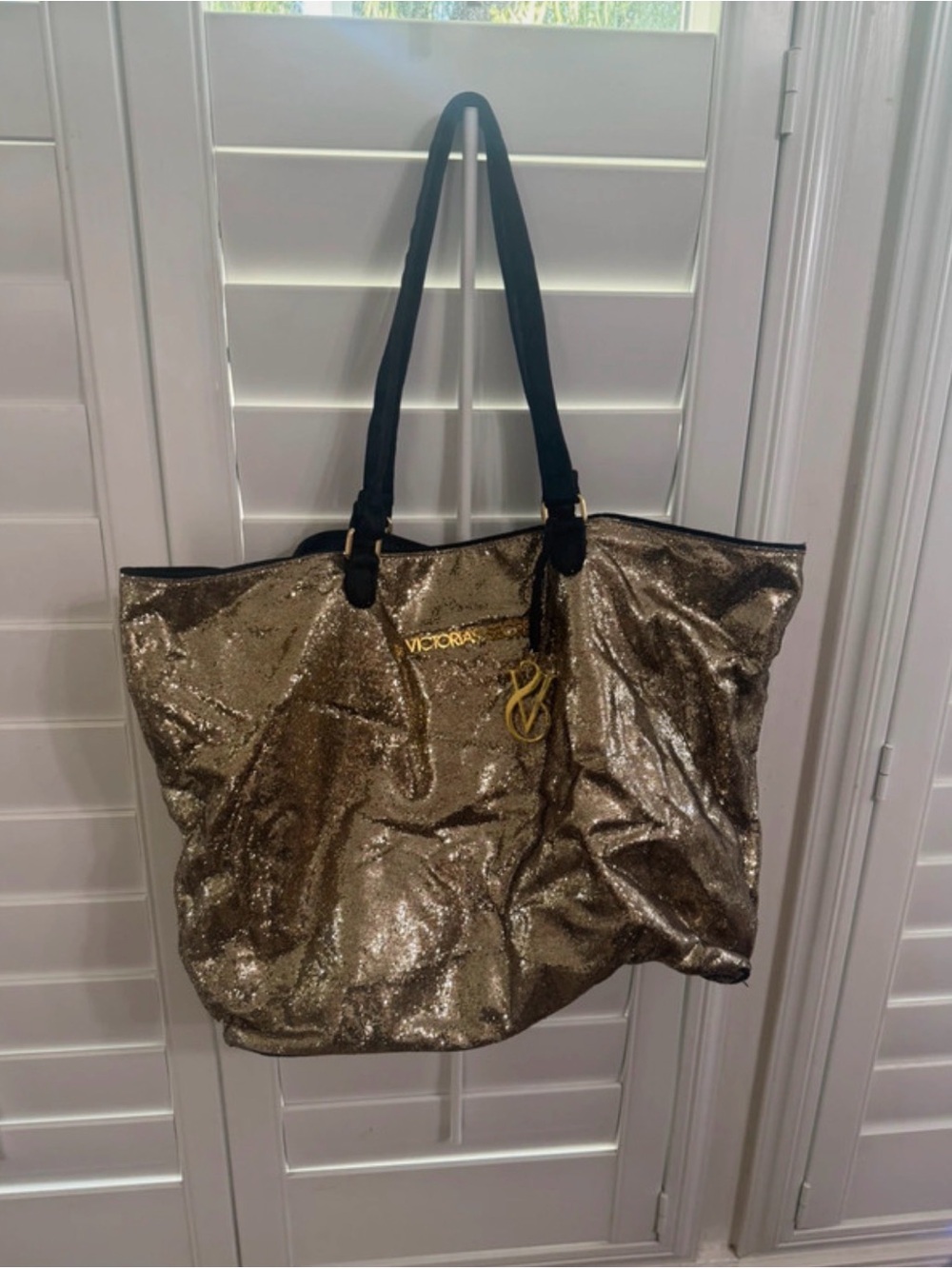 Victoria's Secret Gold Glitter Metallic Tote Bag Large Holiday Weekender Travel